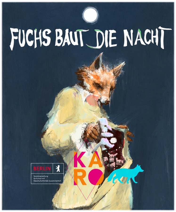 Plakat „Fuchs baut die Nacht“: ein gemalter Fuchs im hellen Mantel vor nachtblauem Hintergrund, darüber der Titel in weißer Handschrift